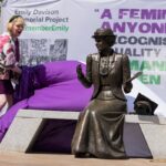 Relative of Emily Davison, Philippa Bilton unveils the statue. Credit: Rachel Thornhill