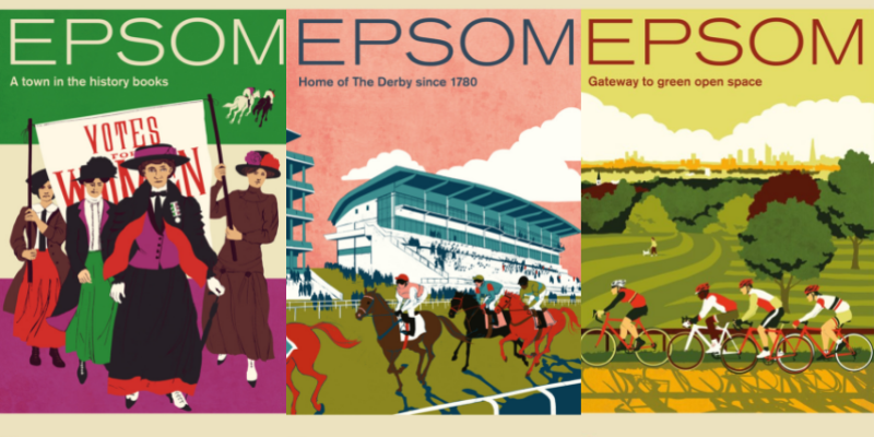 Eliza Southwood Epsom screen printing of suffragettes, Epsom Derby and cyclists