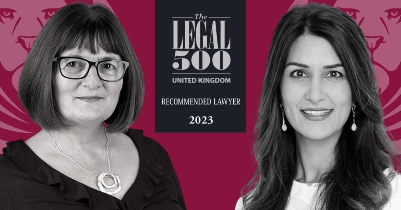 Legal 500 2023 recommended lawyer accreditation logo accompanied by black and white portraits of two female lawyers