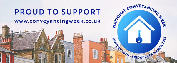 National Conveyancing Week graphic of colourful terrace properties next to a blue circle logo featuring a white house and blue key signifying first-time buyer.