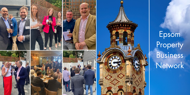 Epsom Property Business Network wording, and pictured attendees, with additional image of Epsom clock tower.