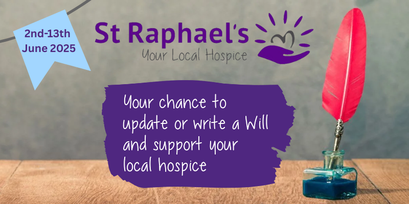Image depicts a red quill and ink, the St Raphael's Hospice logo and details of the Make Your Will Fortnight, 2-13 June 2025.