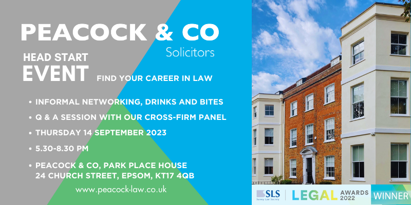 Graphic including image of Peacock & Co's Georgian period Epsom office and details of Head Start: a networking event to help find your career in law.