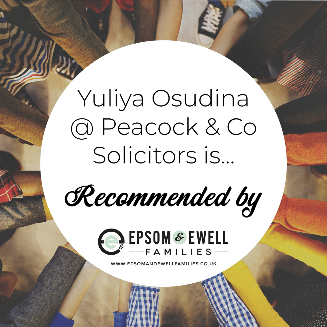 Picture of hands under a circle with the information that Yuliya Osudina is a recommended solicitor by Epsom and Ewell Families.