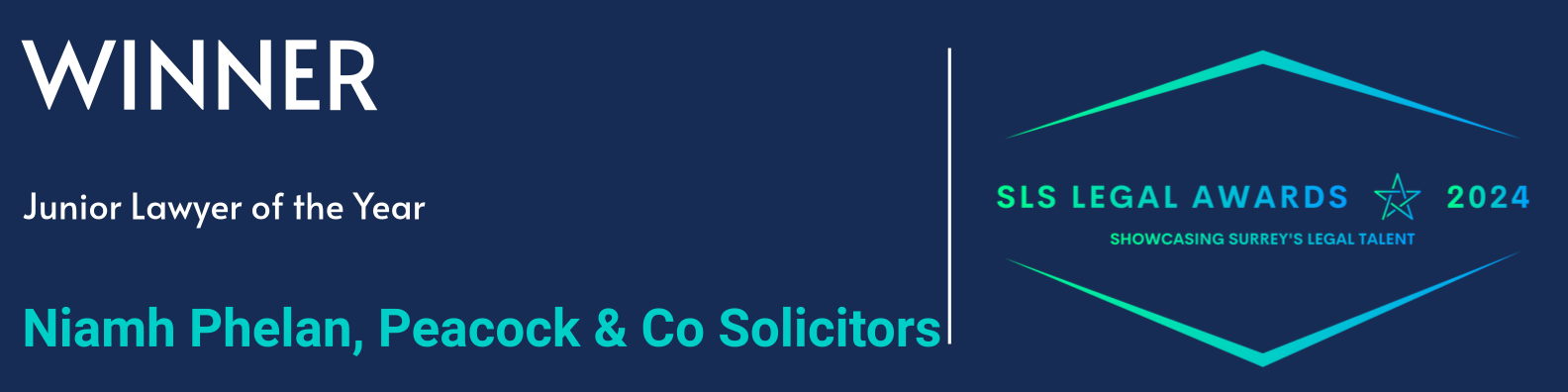 Junior Lawyer of the Year award graphic in navy blue, presented to Niamh Phelan of Peacock & Co Solicitors.