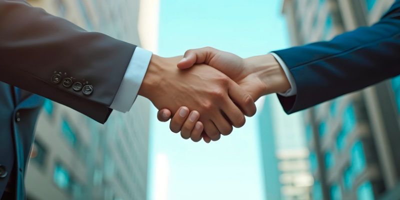 Handshake close up against city backdrop signifying terms and conditions of contract.